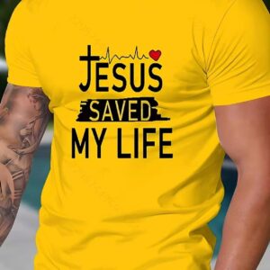 Men's' Jesus Saved My Life 'Pattern T-shirt - Faith themed design with heart-shaped and cross illustrations, casual slim fit short sleeved summer T-shirt, suitable for daily wear and outdoor activities（Free Shipping）