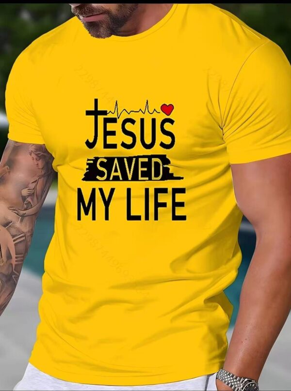Men's' Jesus Saved My Life 'Pattern T-shirt - Faith themed design with heart-shaped and cross illustrations, casual slim fit short sleeved summer T-shirt, suitable for daily wear and outdoor activities（Free Shipping）