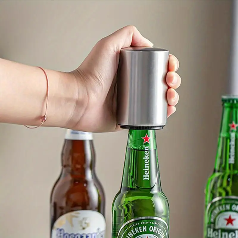 High quality stainless steel beer bottle opener, automatic press type, non-destructive quick opening, portable press type magnetic bottle cap collector, fun bartender bottle opener, suitable for picnics, camping, hiking (free shipping)