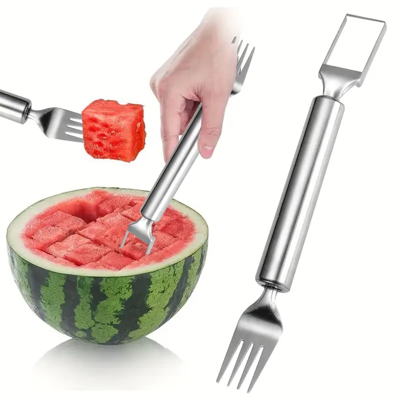 2-in-1 stainless steel watermelon slicer and fork - easy to make fruit chunks, no clutter, portable fruit cutting tool for camping, picnicking, family parties, suitable for mangoes, dragon fruit, etc. Party serving design is fashionable, sturdy and durable, essential for home kitchens (free shipping)