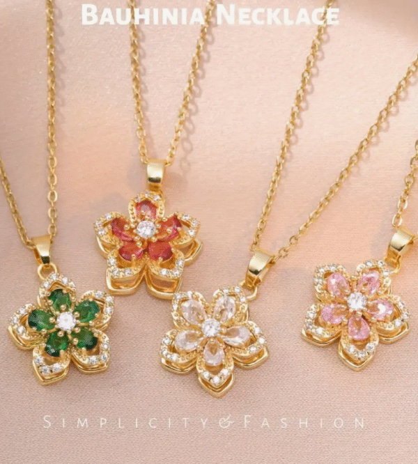Elegant Golden Rotating Bauhinia Crystal Flower Necklace - Sparkling Pink and Transparent Gems, Alloy Pendant - Ideal Birthday Gift for Girlfriend, Unique Daily and Vacation Accessories, Charm Necklace