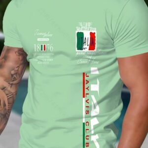 Elegant Italian Flag Pattern T-shirt for Men - Cotton, Breathable and Comfortable, Round Neck Short Sleeve T-shirt with "Italy" Design, Suitable for Casual Wearing（Free Shipping）