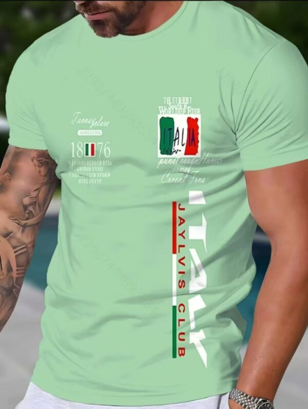 Elegant Italian Flag Pattern T-shirt for Men - Cotton, Breathable and Comfortable, Round Neck Short Sleeve T-shirt with "Italy" Design, Suitable for Casual Wearing（Free Shipping）