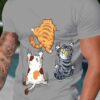Men's casual short sleeved T-shirt with three cat patterns - bright digital print, breathable round neck, fitted version, machine washable, suitable for summer and daily wear, cat themed T-shirt（Free Shipping）