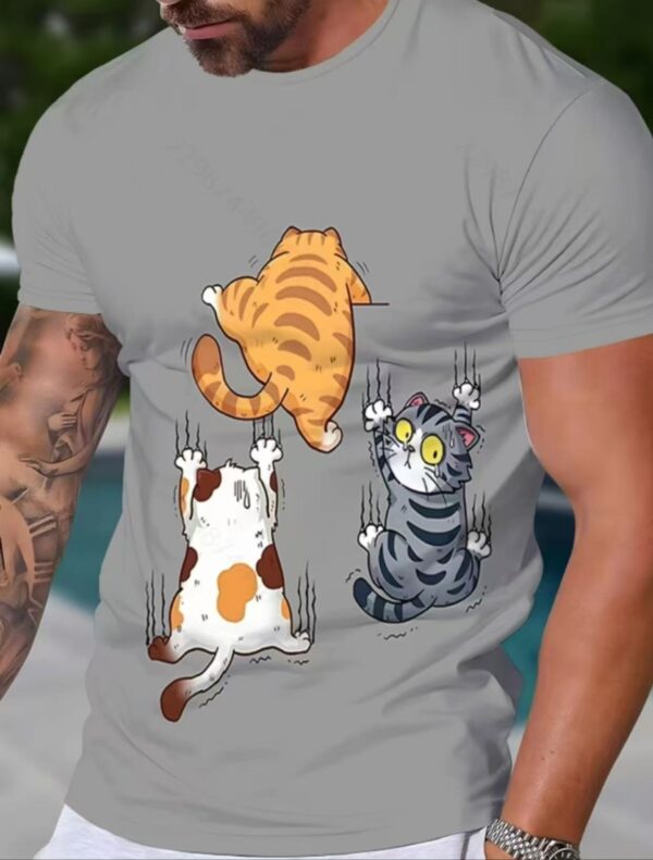 Men's casual short sleeved T-shirt with three cat patterns - bright digital print, breathable round neck, fitted version, machine washable, suitable for summer and daily wear, cat themed T-shirt（Free Shipping）