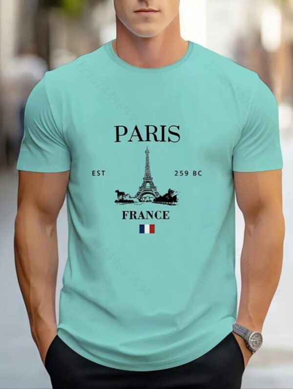 Men's Paris Printed Round Neck T-shirt - Eiffel Tower and French Flag Pattern, Micro Elastic Fabric, Four Seasons Sports and Leisure Style（Free Shipping）