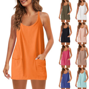 Summer solid color sleeveless dress, slim shoulder strap vest skirt, sports short skirt pocket (free shipping)