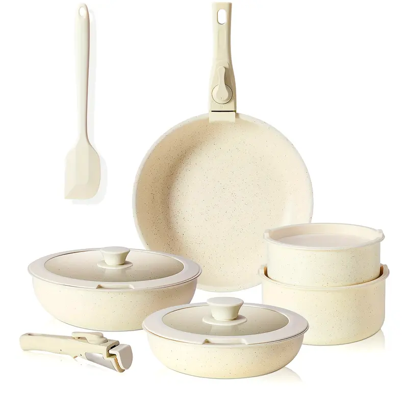 12 piece beige OLIXIS non stick cookware set - home cooking cookware set with detachable handle (free shipping)