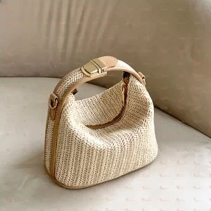 Women's Small Straw Woven Handbag - High quality natural fiber beach bag with zipper closure, lightweight khaki casual crossbody backpack, suitable for daily use and coastal travel (free shipping)