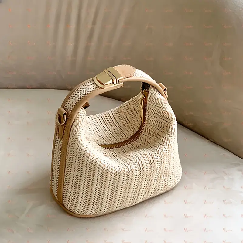 Women's Small Straw Woven Handbag - High quality natural fiber beach bag with zipper closure, lightweight khaki casual crossbody backpack, suitable for daily use and coastal travel (free shipping)
