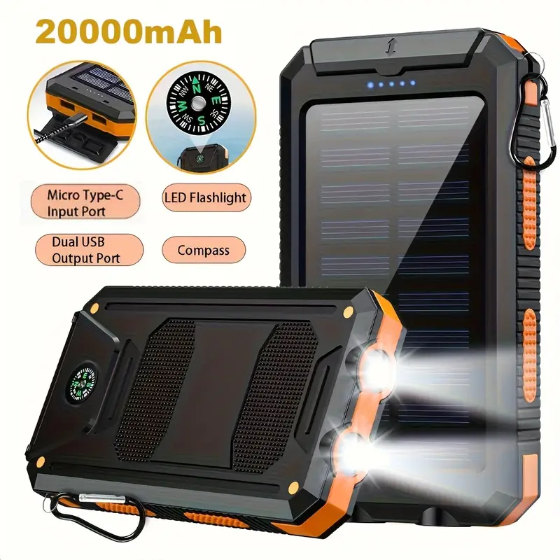 0000mAh portable solar power bank, portable solar phone charger, camping external phone charger, 2 USB/LED flashlights with compass, suitable for outdoor activities (free shipping)