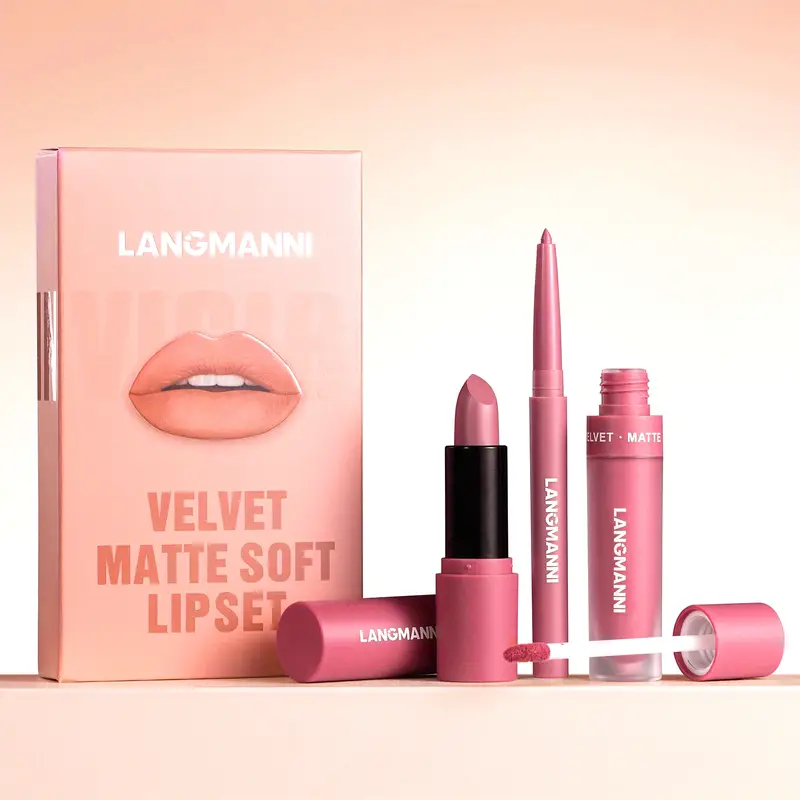 Lip glaze+lipliner+lipstick Lip glow three piece set INS fashionable girl cosmetics natural color fastness natural long-term effect (mail included)